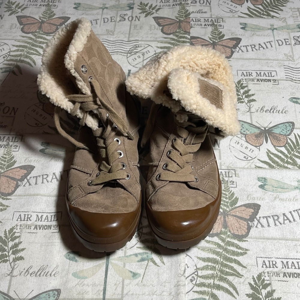 Coach Taupe & Cream Shearling-Lined Winter Boots - Picture 2 of 9
